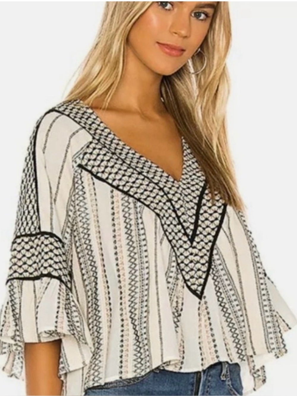 Free People Boho V-Neck Black & White Printed Women's Top
